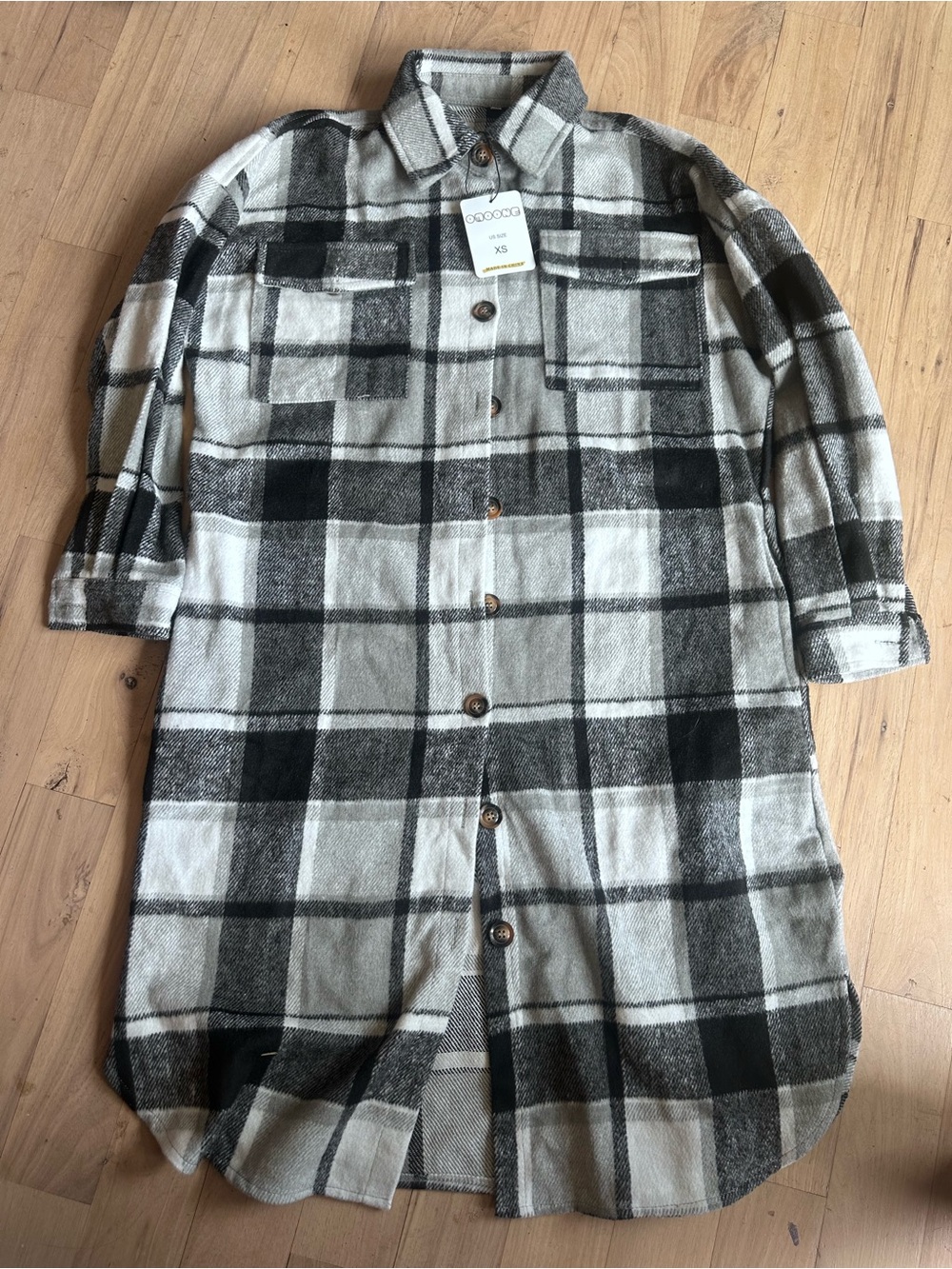 Plaid Button-Down Shacket in Black and Cream
